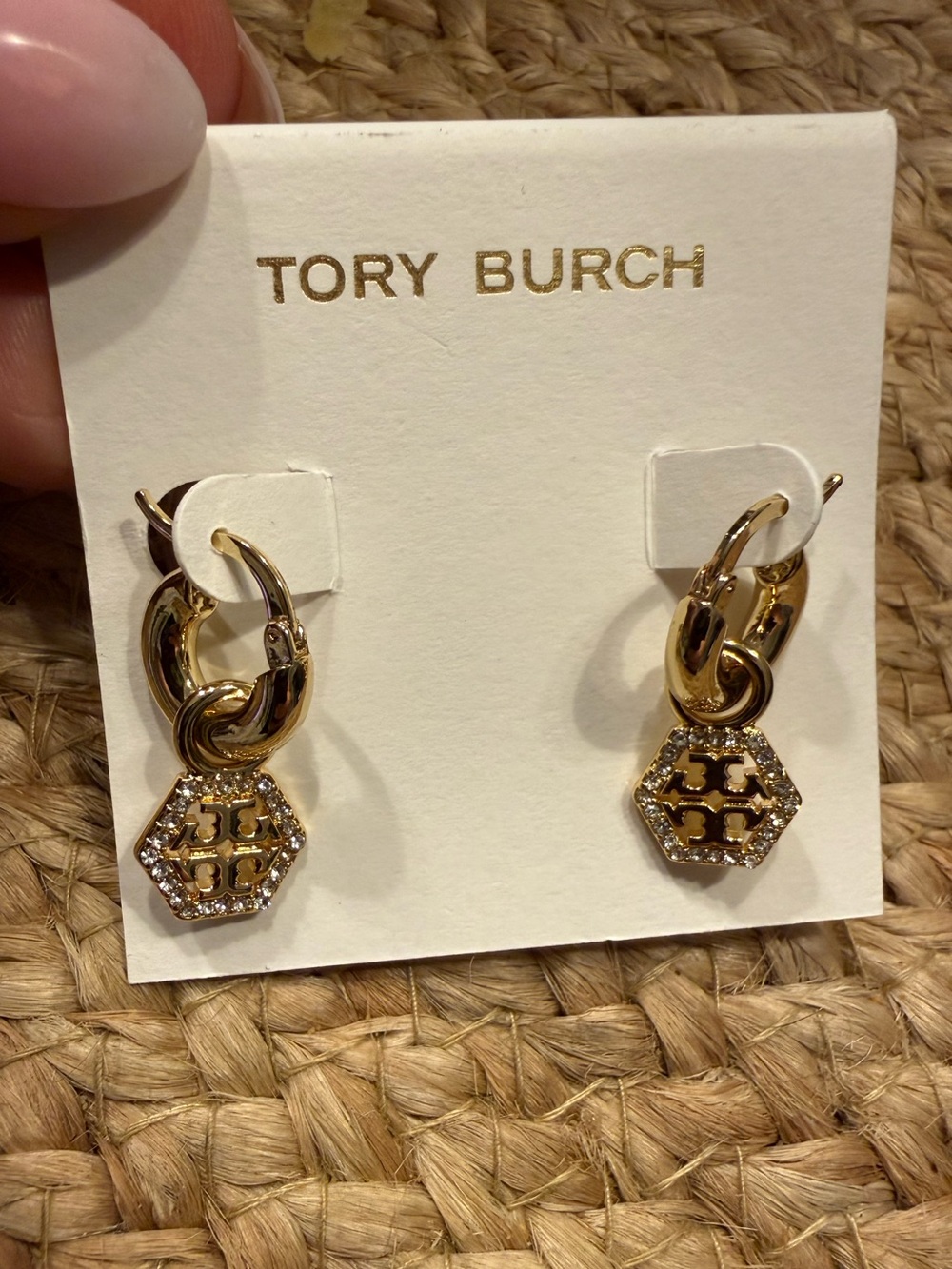 Tory Burch Hexagon Pave Hoop Huggie Icon Earring Earrings in Gold